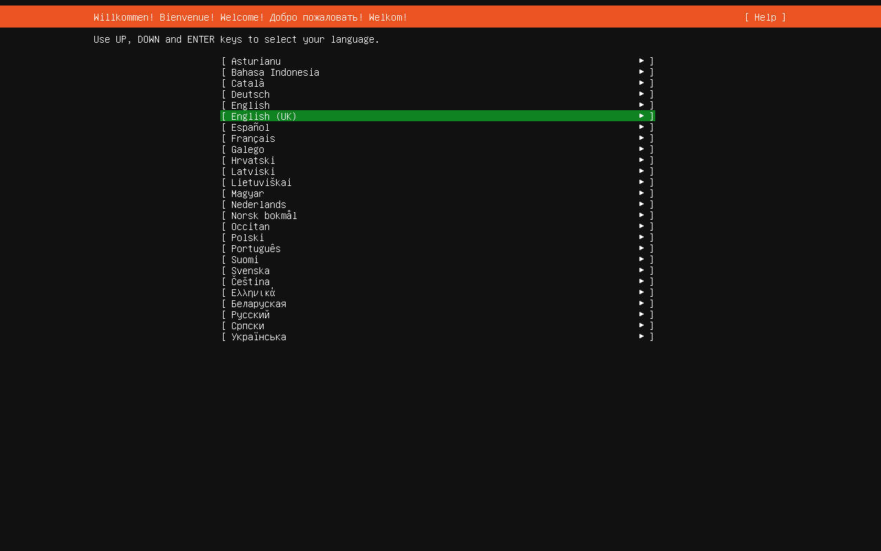 Ubuntu 26.04 Server installer language selection screen with English highlighted