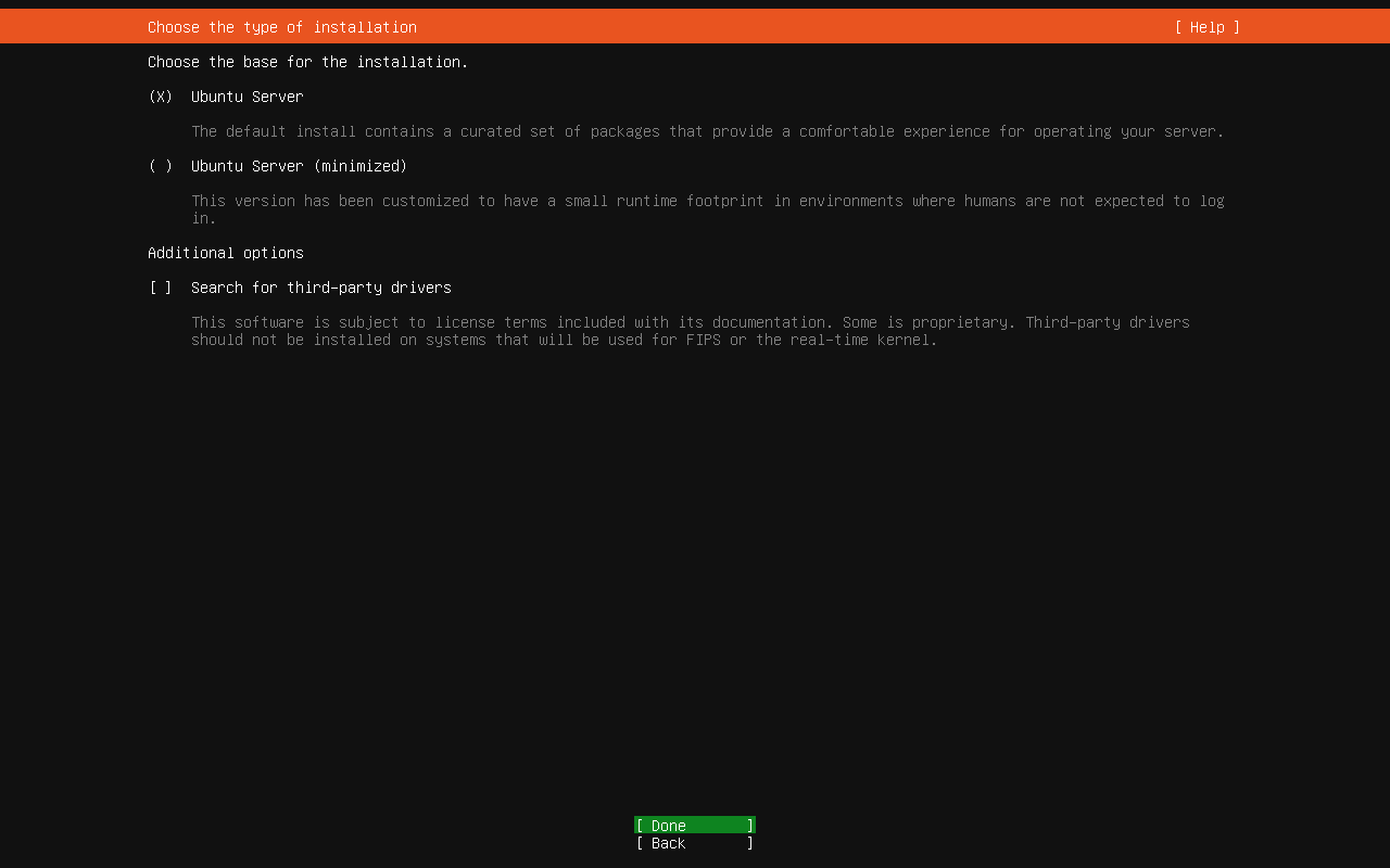 Ubuntu 26.04 Server installer screen for choosing the type of installation