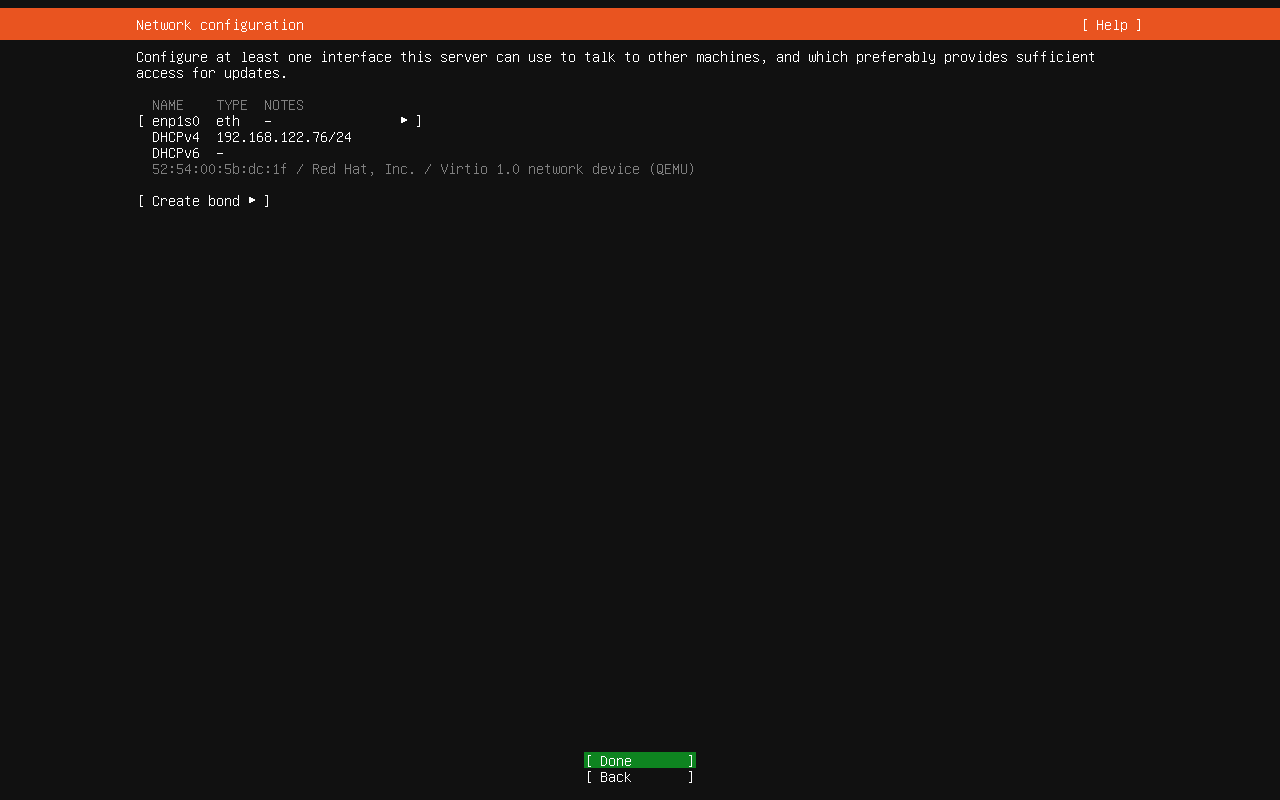Ubuntu 26.04 Server network configuration screen showing an active Ethernet interface