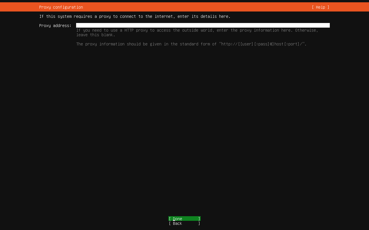 Ubuntu 26.04 Server proxy configuration screen with an empty proxy address field