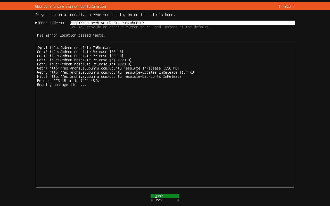 Ubuntu 26.04 Server archive mirror configuration screen checking package sources