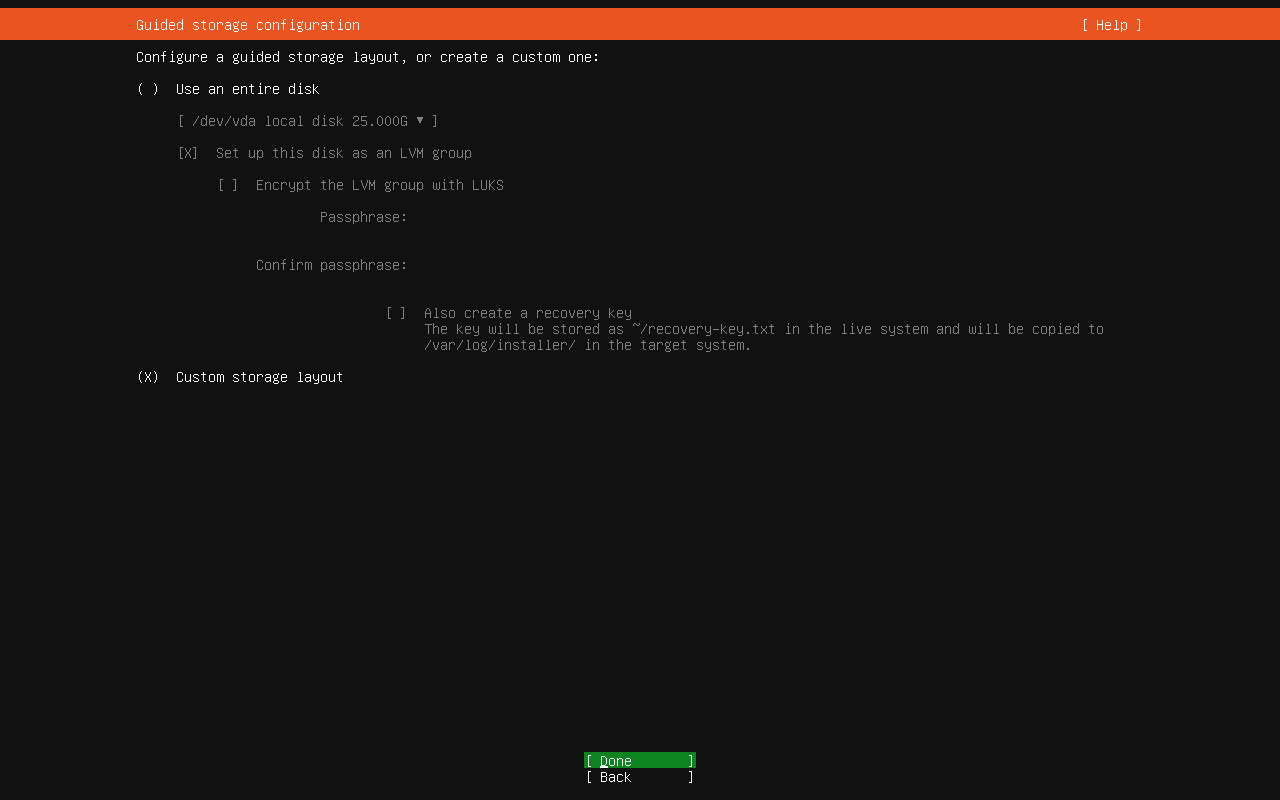 Ubuntu 26.04 Server guided storage configuration with custom storage layout selected