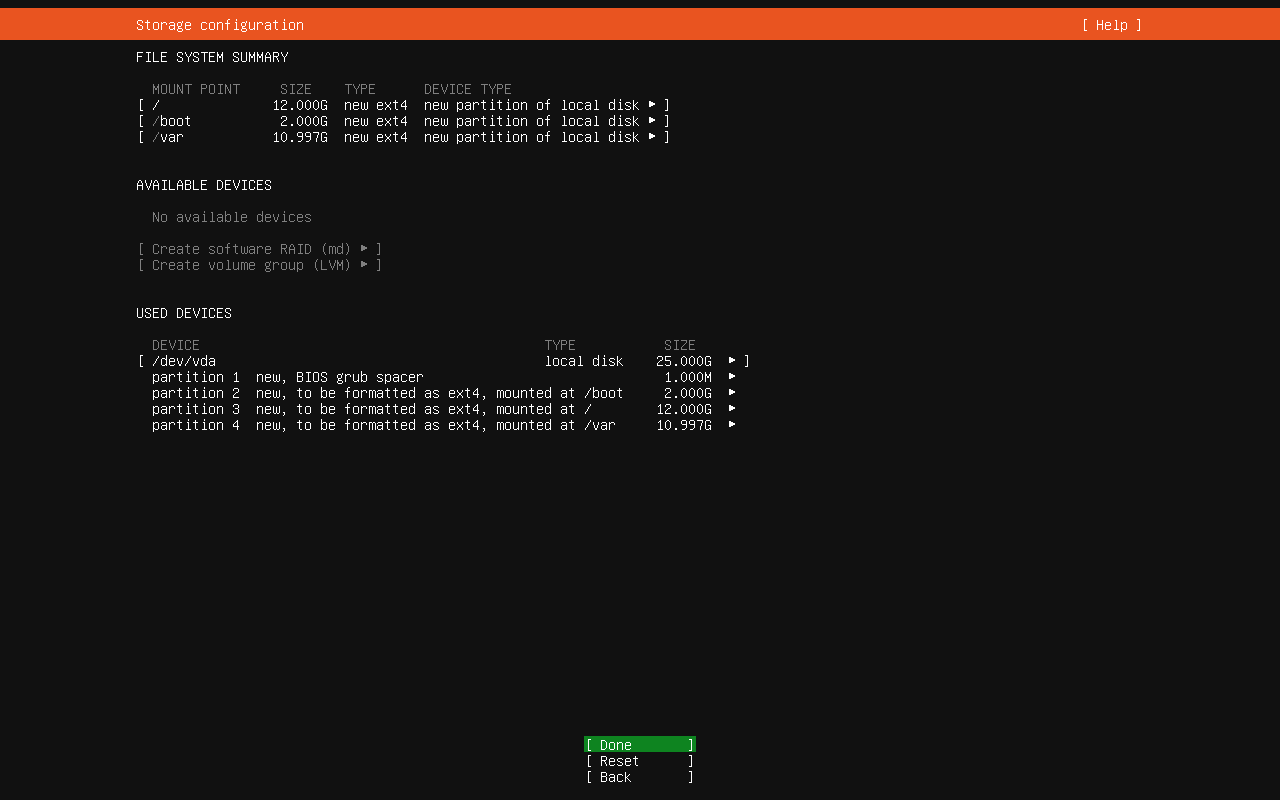 Ubuntu 26.04 Server storage configuration showing boot root and var partitions