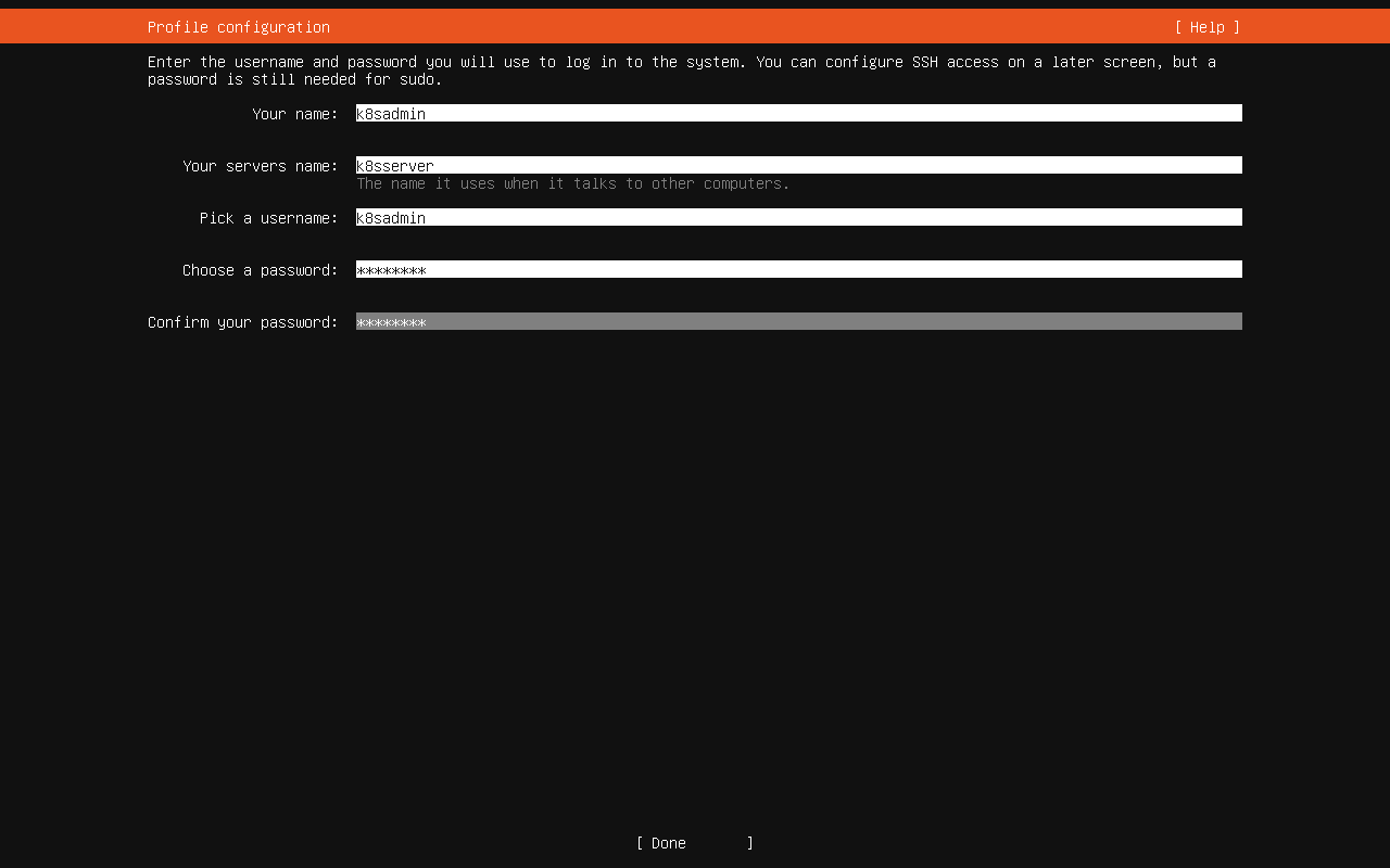 Ubuntu 26.04 Server profile configuration screen for name hostname username and password