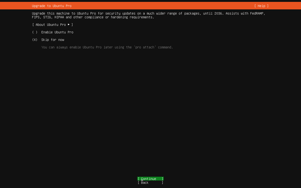 Ubuntu 26.04 Server Ubuntu Pro screen with skip for now selected