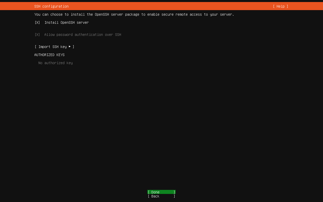 Ubuntu 26.04 Server SSH configuration screen with OpenSSH server selected