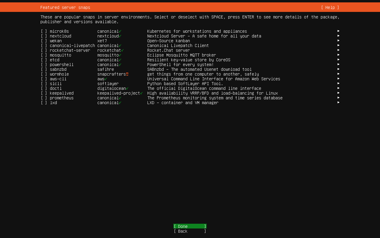 Ubuntu 26.04 Server featured server snaps selection screen