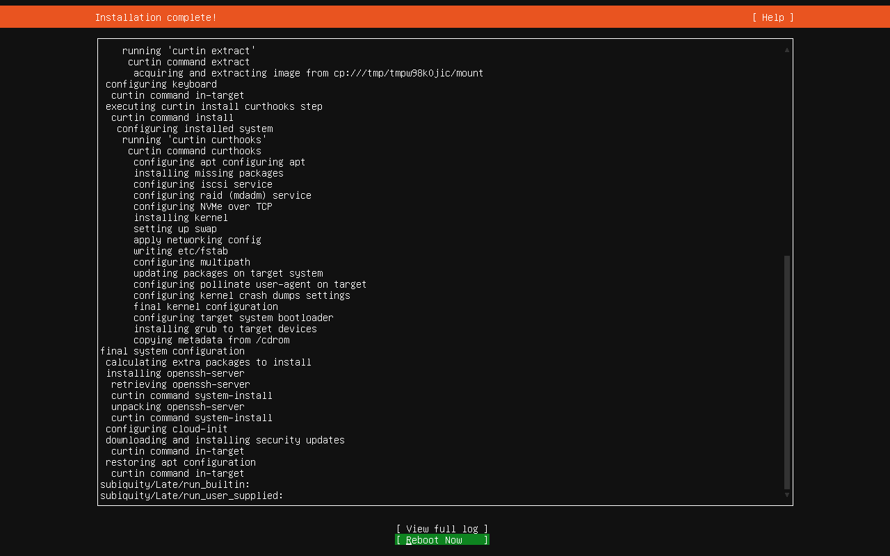 Ubuntu 26.04 Server installation complete screen with reboot now selected