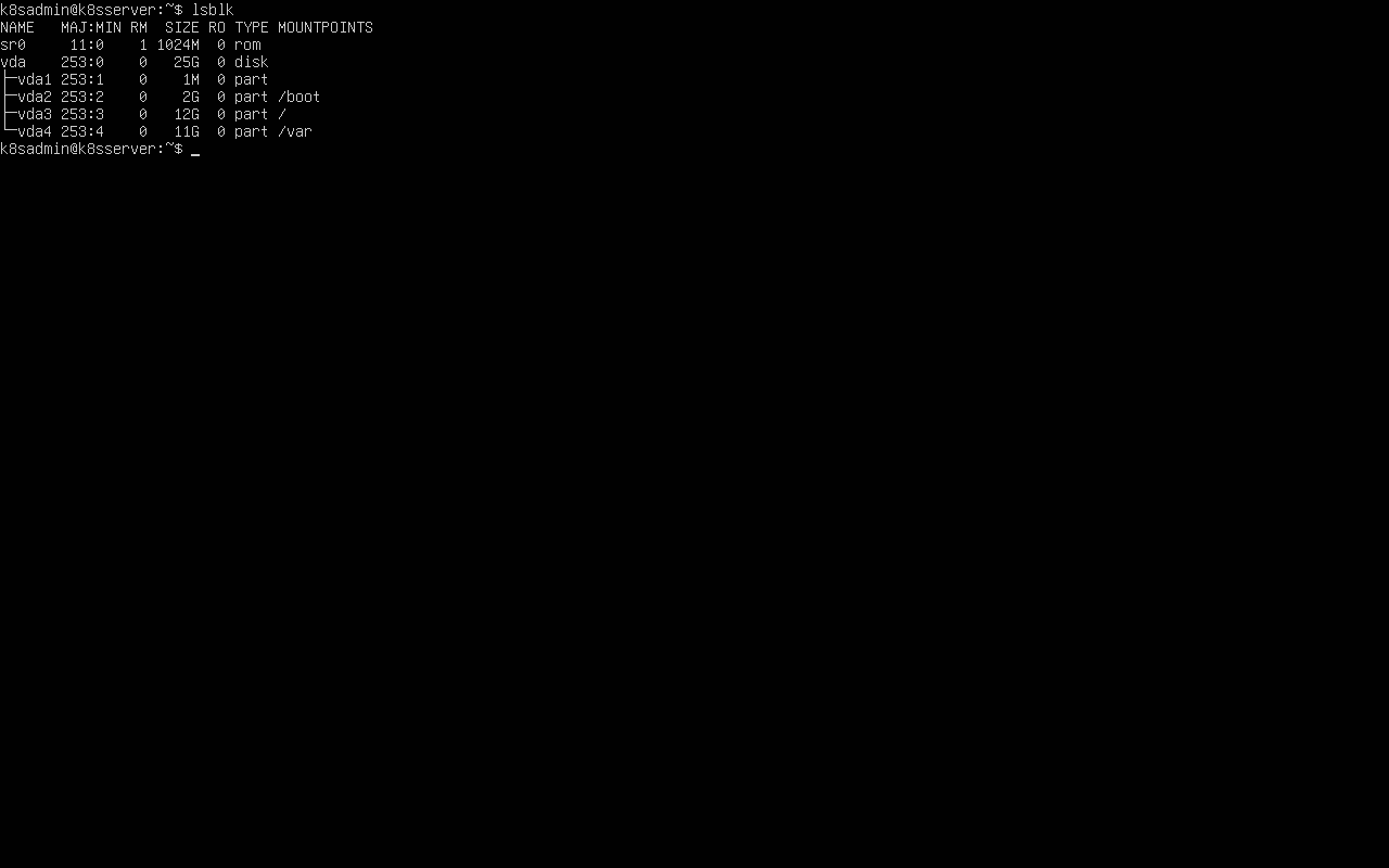 Ubuntu 26.04 Server terminal showing lsblk output for boot root and var partitions