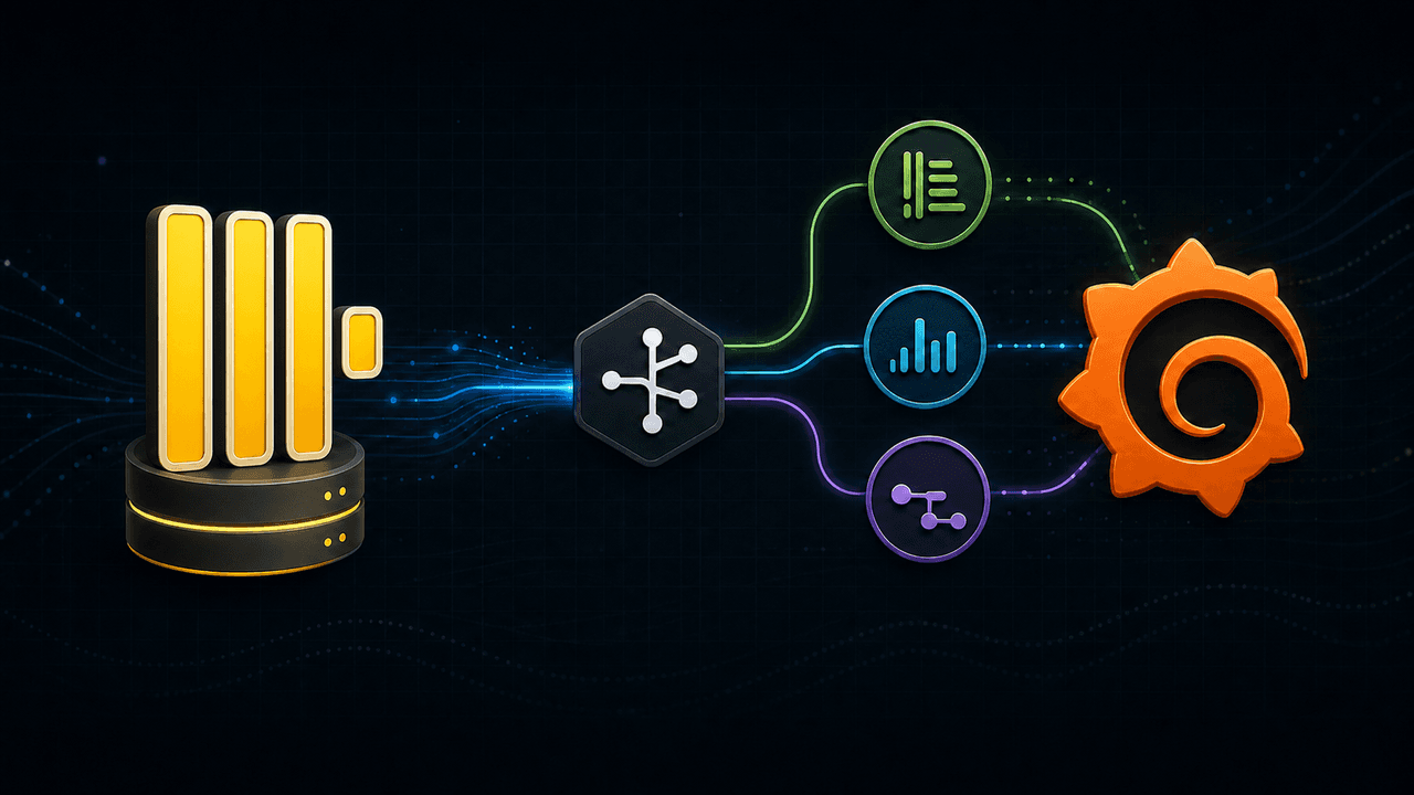 A standalone ClickHouse server connected through an observability collector to metrics, logs, traces, and dashboards