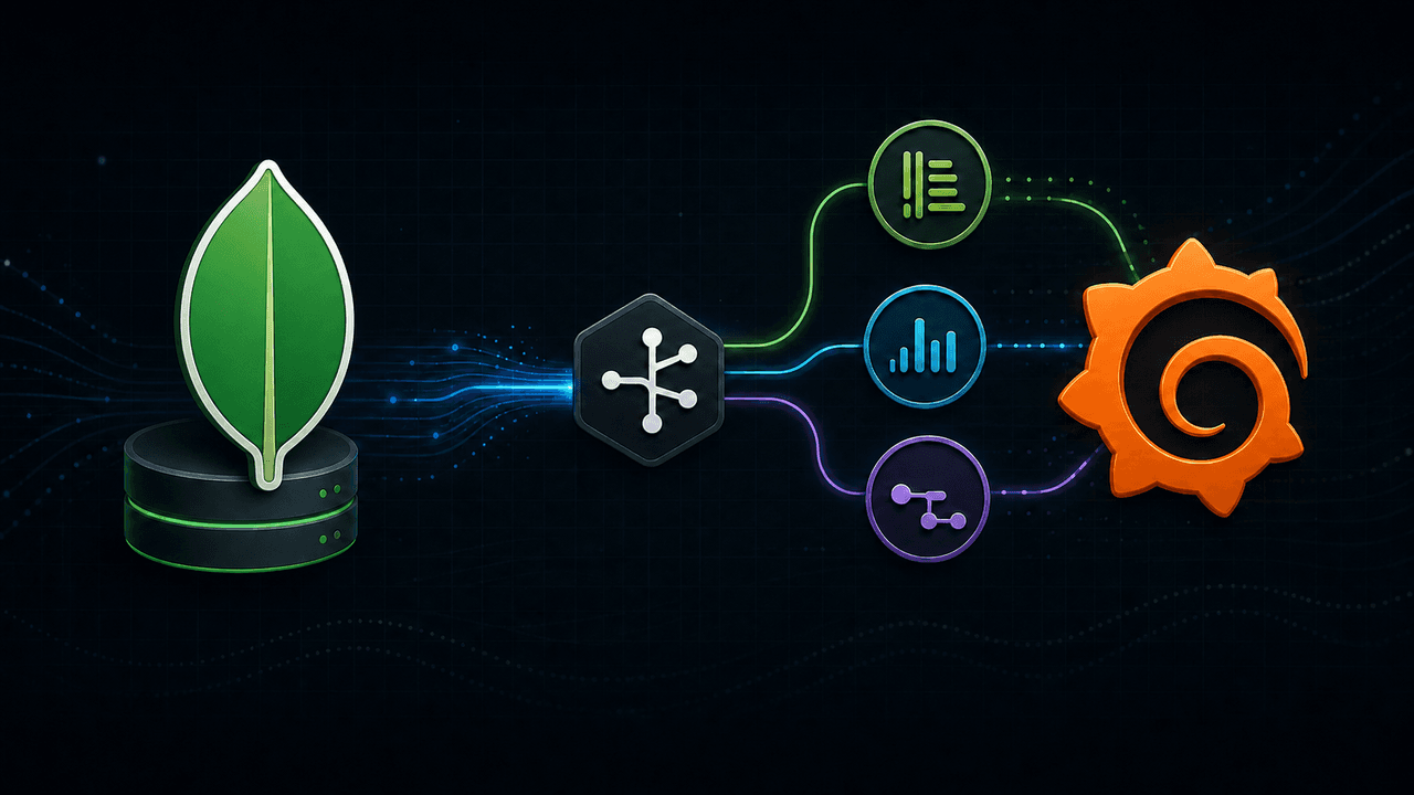 A standalone MongoDB instance connected through an observability collector to metrics, logs, traces, and dashboards