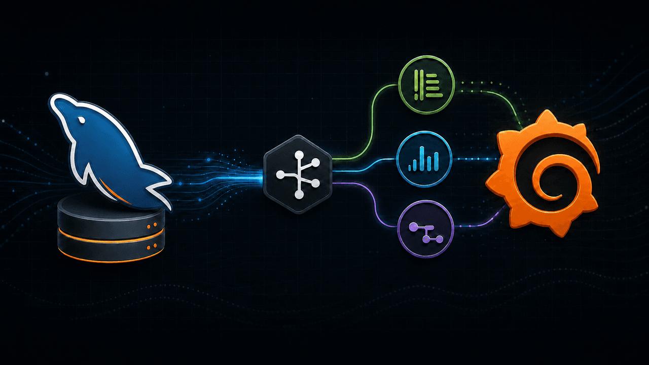 A standalone MySQL instance connected through an observability collector to metrics, logs, traces, and dashboards