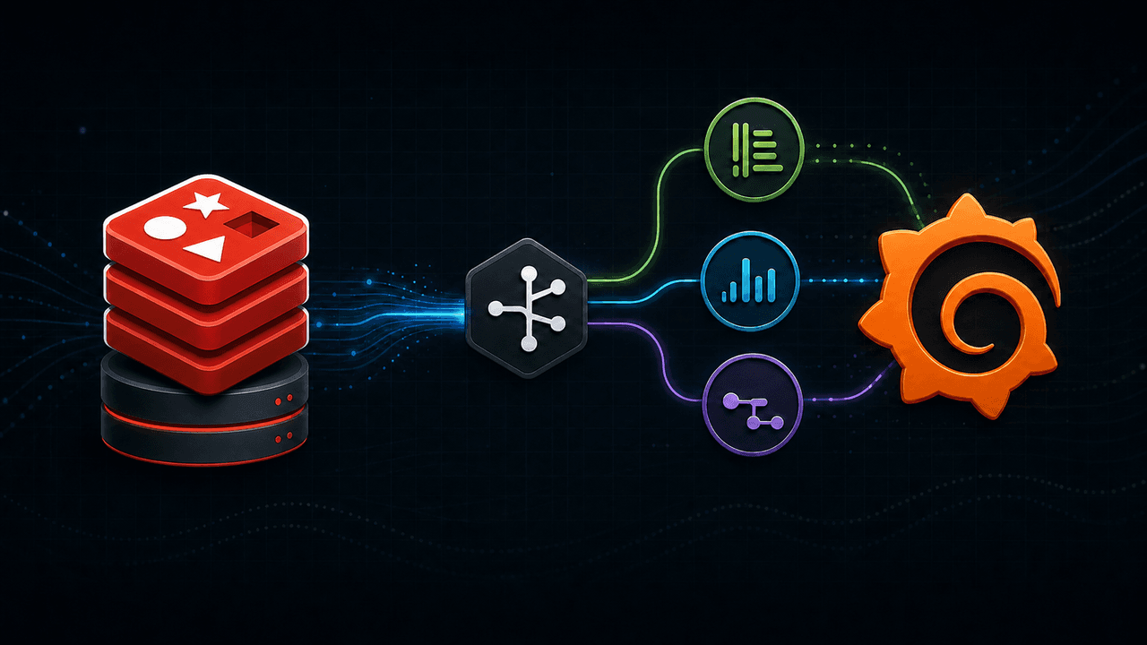 A standalone Redis instance connected through an observability collector to metrics, logs, traces, and dashboards