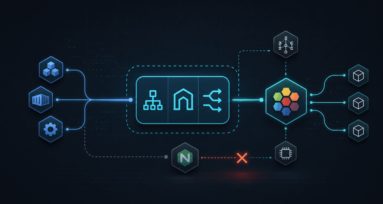 Kubernetes workloads routed through Gateway API into Cilium while ingress-nginx is bypassed